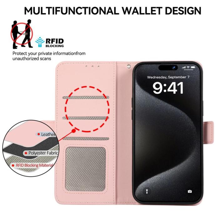 ABEEL - ABEEL Mobilskal till iPhone 16 Plus KonstLäder RFID-Skydd- Rosa