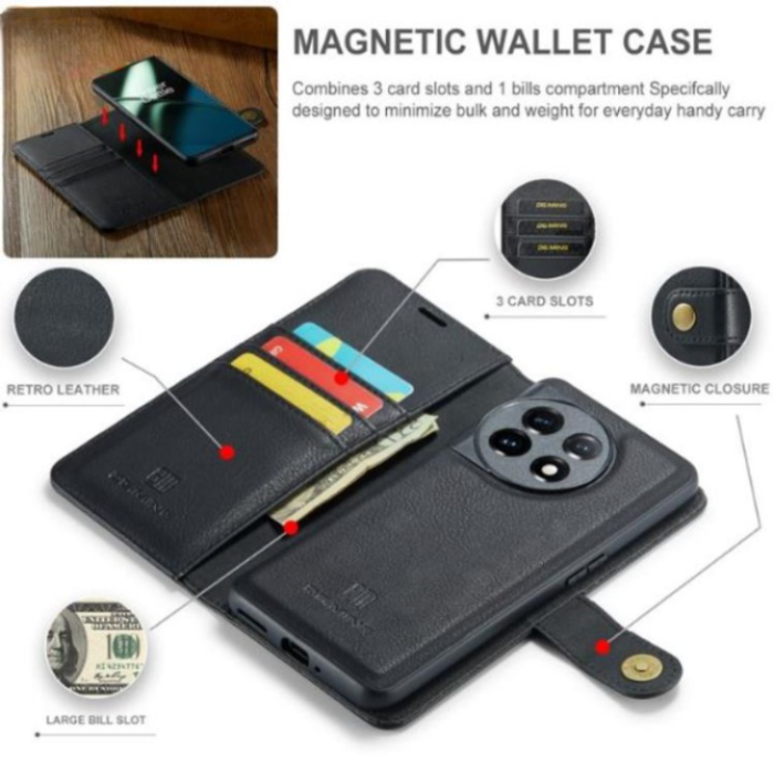 DG.MING - DG.MING OnePlus 11 Plånboksfodral Äkta Läder 2-i-1 - Svart