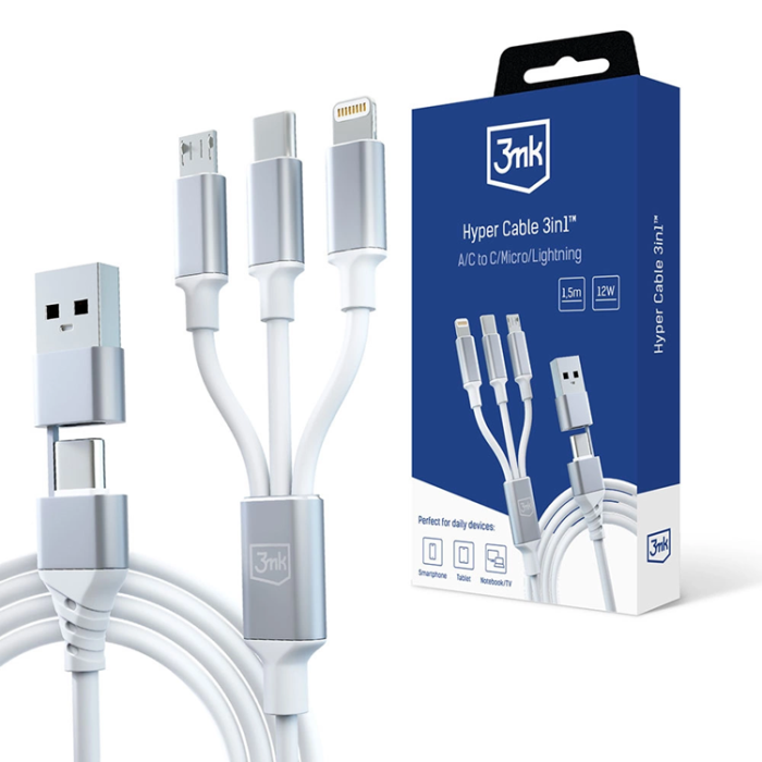 3MK - 3mk 3in1 USB-A till USB-C Lightning microUSB kabel 1.5m