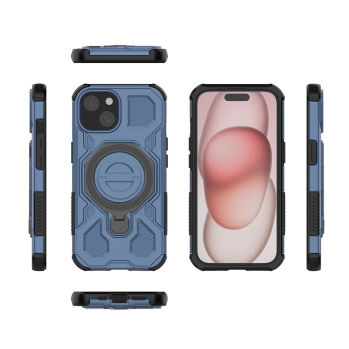 OEM - iPhone 15 Mobilskal Plast Shockproof Med Ställ - Blå
