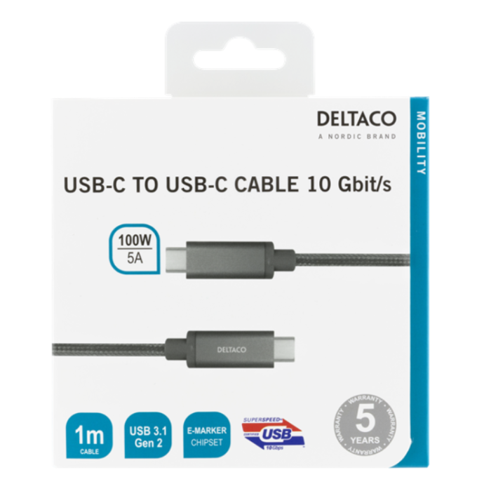 UTGATT1 - Deltaco Super USB-C till USB-C Kabel 100W 1m - Rymd Grå