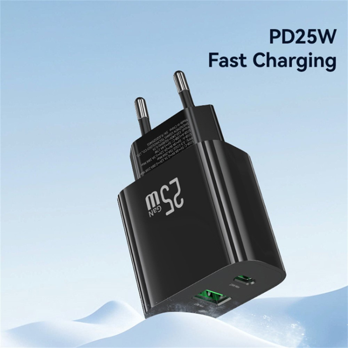 USAMS - USAMS GaN Snabbladdare USB-C - USB-A 25W CC315 T65 EU - Vit