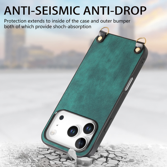 A-One Brand - iPhone 17 Pro Mobilskal med Justerbar Rem Retro Läder - Grön