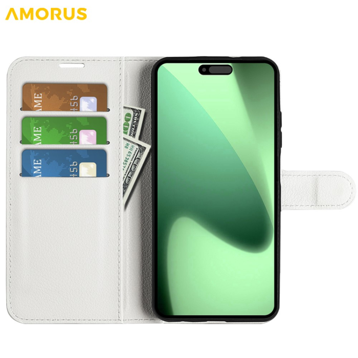 Amorus - AMORUS iPhone 17 Pro Plånboksfodral Flipstativ Litchi - Vit