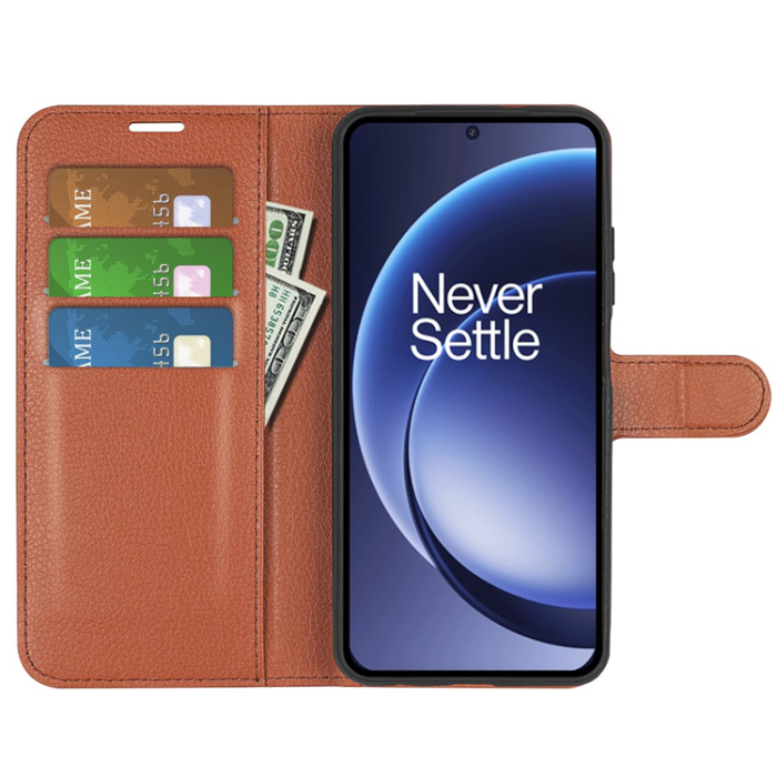 Amorus - AMORUS OnePlus 15 Plånboksfodral Litchi Shockproof - Brun