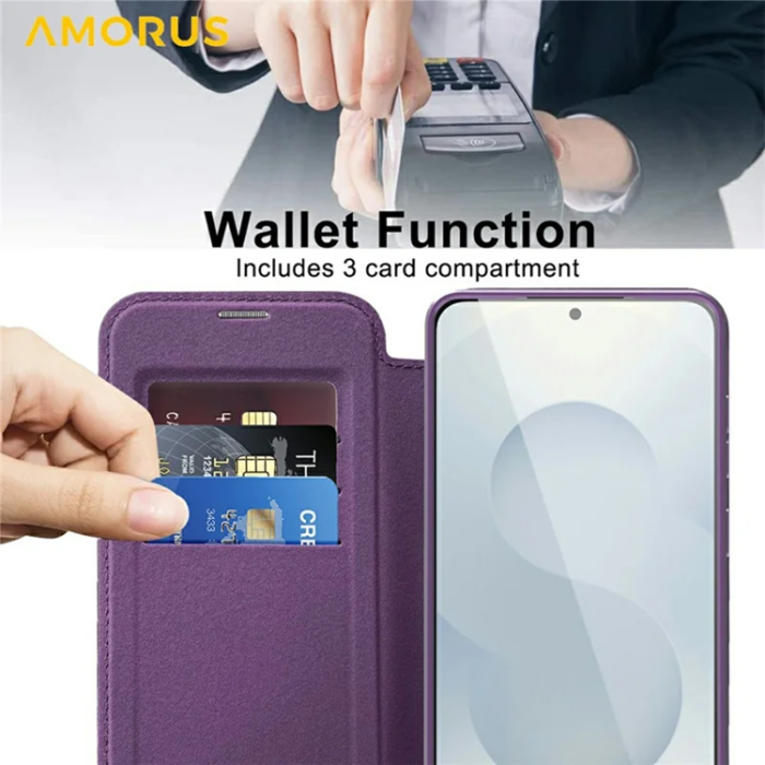 Amorus - Amorus Galaxy S25 Edge Plånboksfodral Magsafe RFID - Mörklila