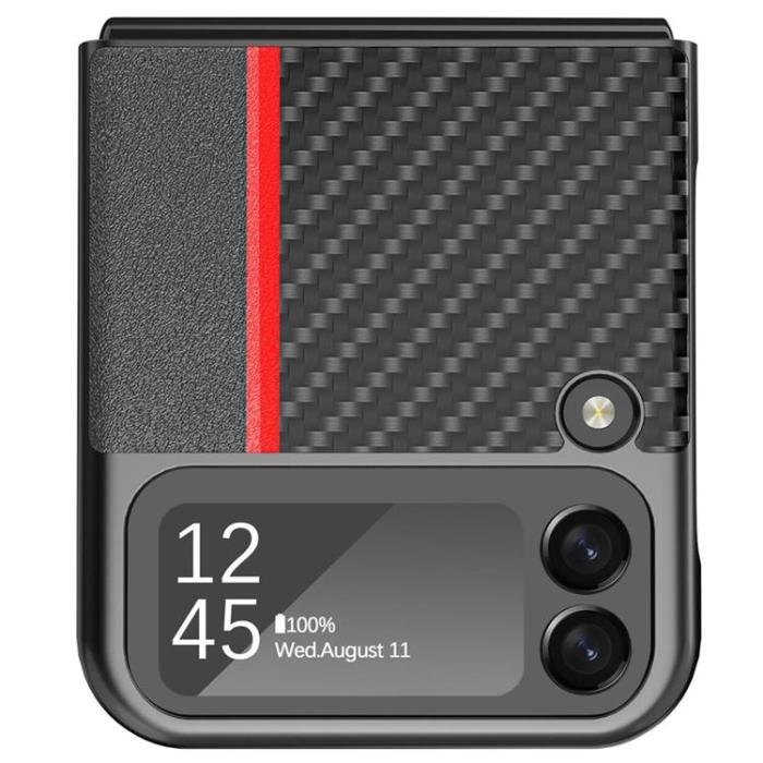 LC.imeeke - LC.IMEEKE Galaxy Z Flip 4 Skal Carbon Fiber Läder - Svart