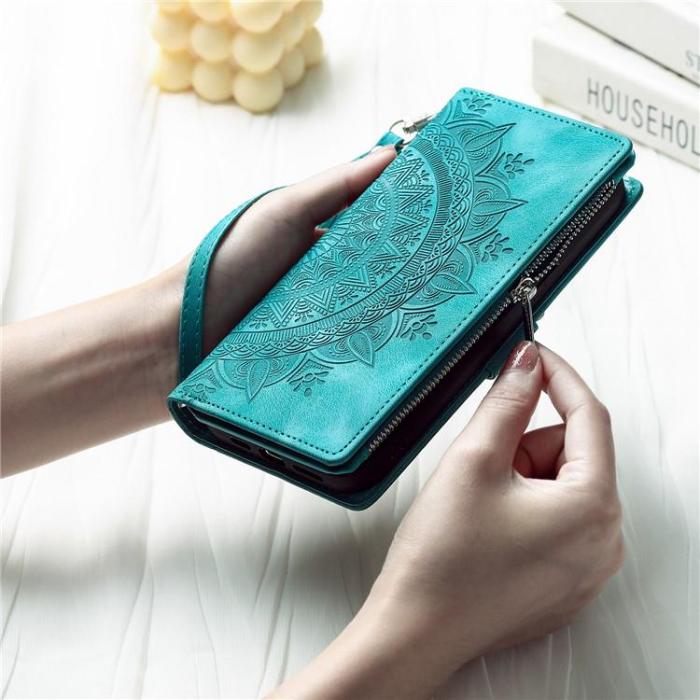 A-One Brand - iPhone 15 Plus Plånboksfodral Mandala Flower Imprinted - Turkos