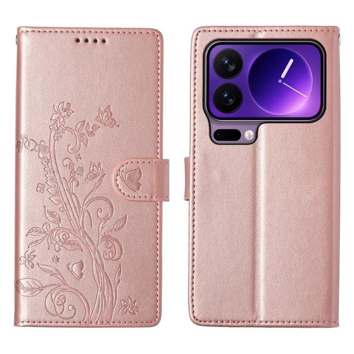 A-One Brand - Xiaomi 17 Pro Max Plånboksfodral Floral Imprint Med Handledsrem - Roséguld