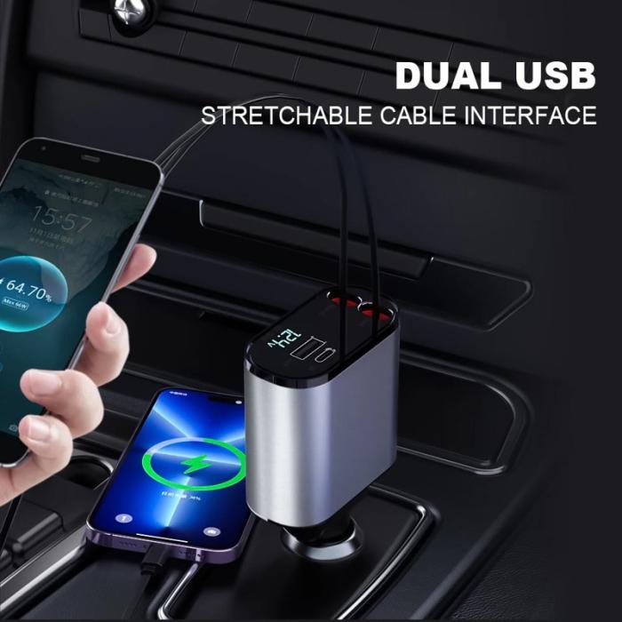 OEM - 4-i-1 Digital Display Dubbelport Snabbladdare Billaddare med iP + Type-C Kabel