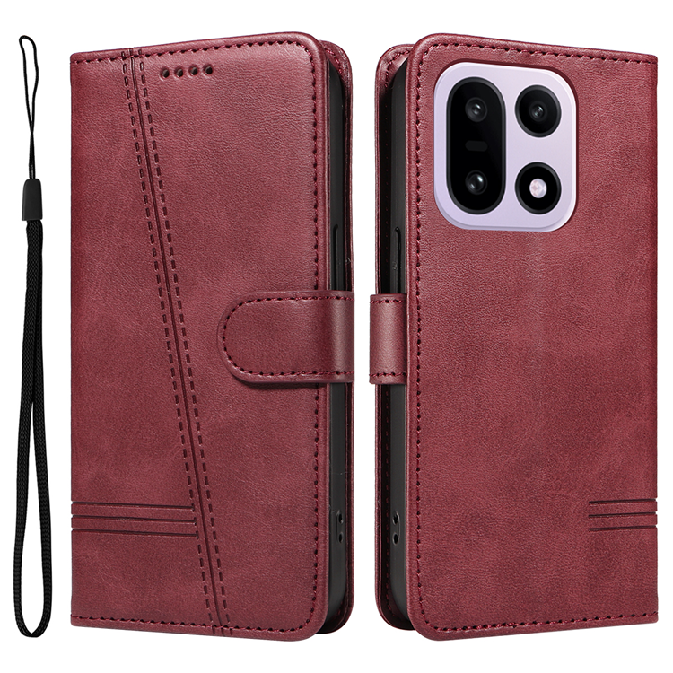 OnePlus 15 5G Plånboksfodral T-Shape Lines Konstläder (Vinröd) | 2353 | AlltMobil