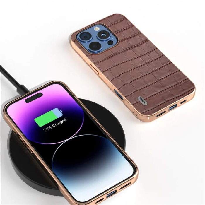 ABEEL - ABEEL iPhone 16 Pro Max Mobilskal Äkta läder Crocodile - Brun