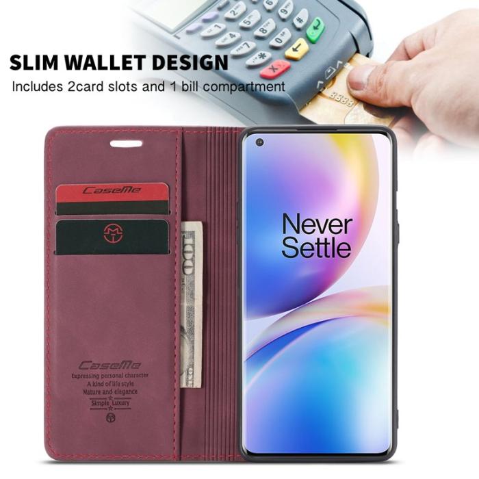 Caseme - CASEME Series Plånboksfodral Konstläder för OnePlus 8 Pro - Vinröd