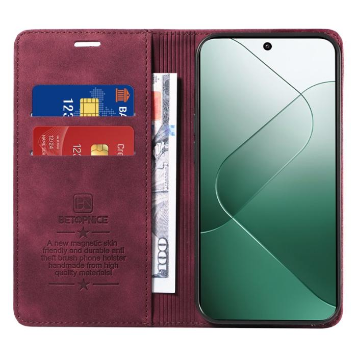 BETOPNICE - BETOPNICE 003 för Xiaomi 14 Konstläder Plånboksfodral RFID-Skydd - Röd