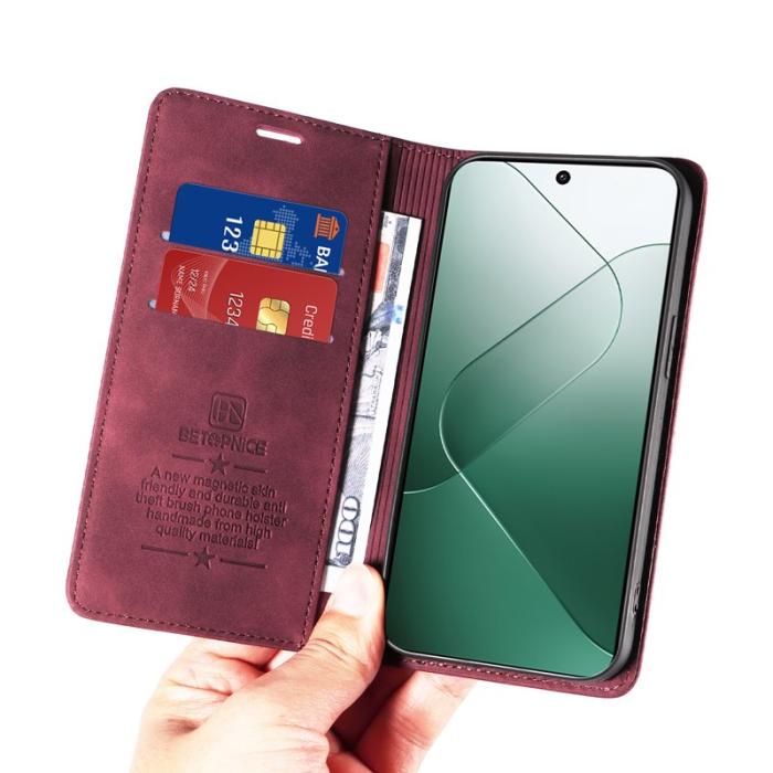 BETOPNICE - BETOPNICE 003 för Xiaomi 14 Konstläder Plånboksfodral RFID-Skydd - Röd