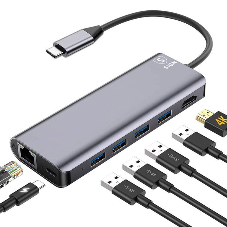 SiGN 7-i-1 USB-C-hub HDMI RJ45 USB-C max 100W - Grå | 505295 | AlltMobil