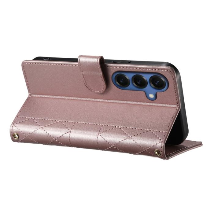 OEM - Samsung Galaxy S26 Fodral Rhombus Stitching Ställ Läder - Roséguld