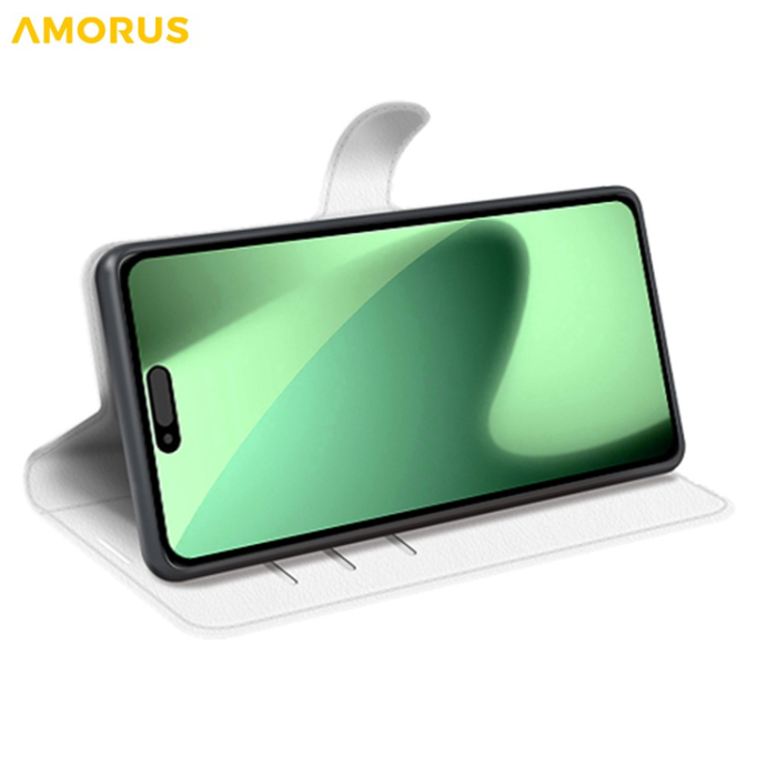 Amorus - AMORUS iPhone 17 Pro Plånboksfodral Flipstativ Litchi - Vit