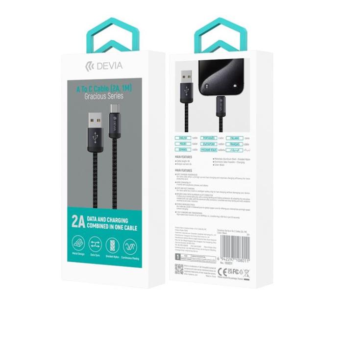 Devia - Devia USB Till USB-C Kabel 1m 2A Gracious - Svart