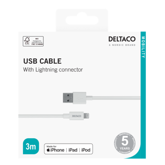 UTGATT1 - Deltaco MFI USB Till Lightning Kabel 3m - Vit