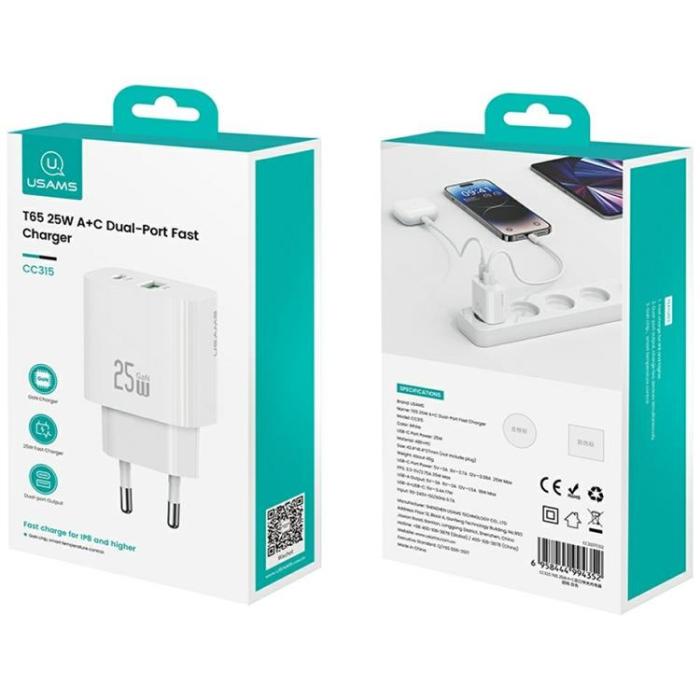 USAMS - USAMS Snabbladdare 25W 1xUSB-C 1xUSB-A CC315 - Vit