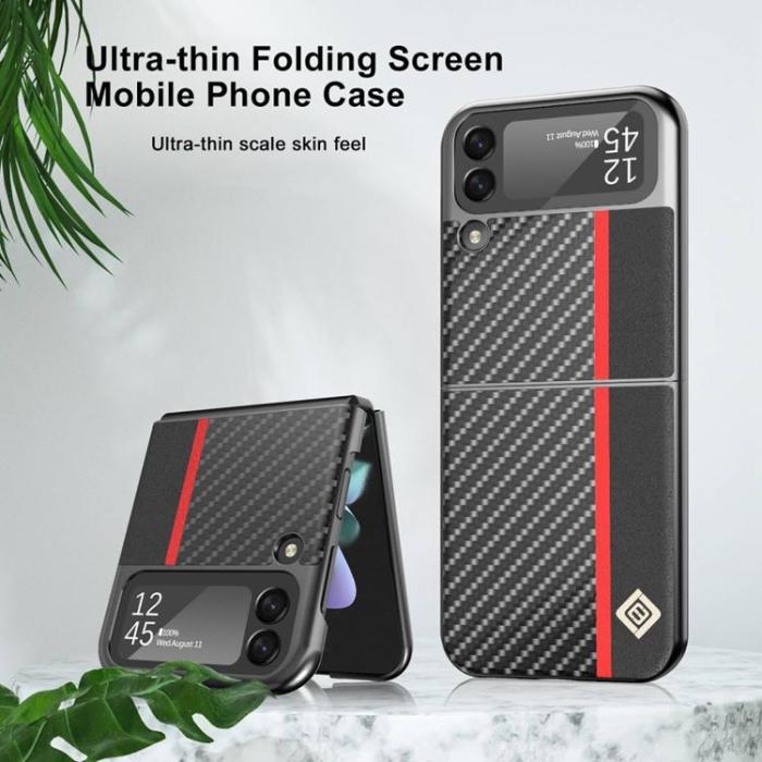 LC.imeeke - LC.IMEEKE Galaxy Z Flip 4 Skal Carbon Fiber Läder - Svart