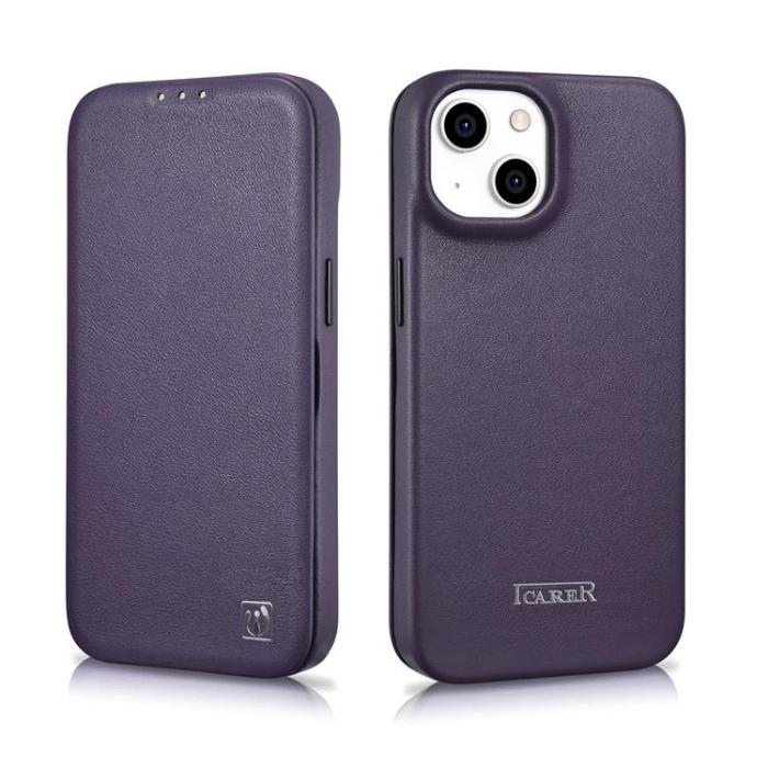 ICARER - iCarer iPhone 14 Plånboksfodral Magsafe CE Läder - Morklila