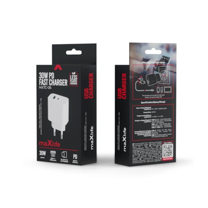 Maxlife - Maxlife Väggladdare 1x USB-C 1x USB 30W MXTC-06 - Vit