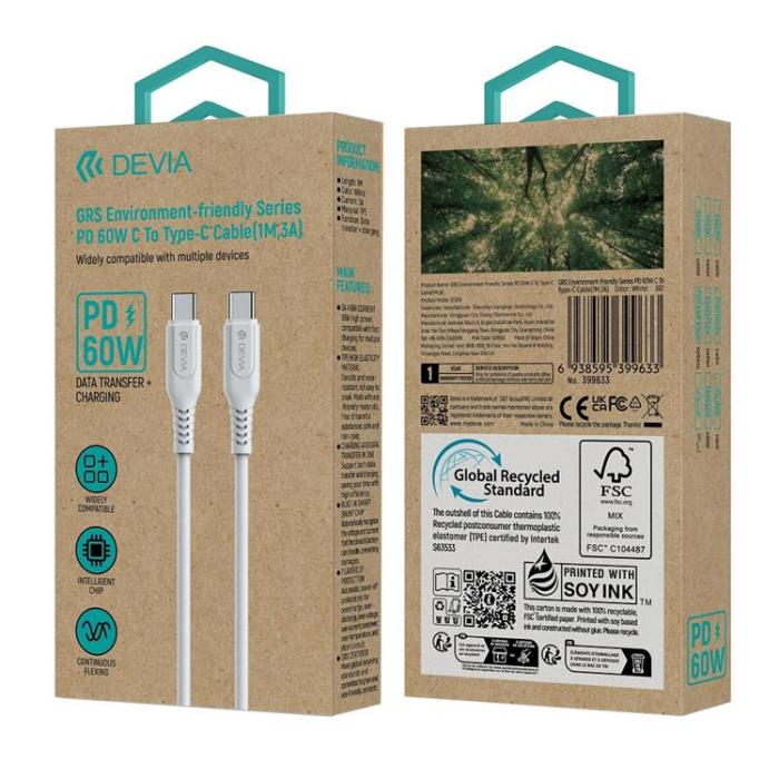 Devia - Devia USB-C Till USB-C 60W 3A Kabel 1m PD - Vit