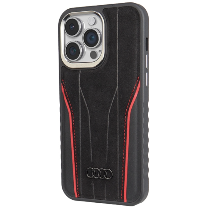 Audi - Audi iPhone 14 Pro Max Mobilskal Magsafe Genuine Läder - Svart/Röd