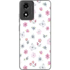 Gustaf - Mobilskal till Motorola Moto E14 med Blommor och fj&auml;rillar