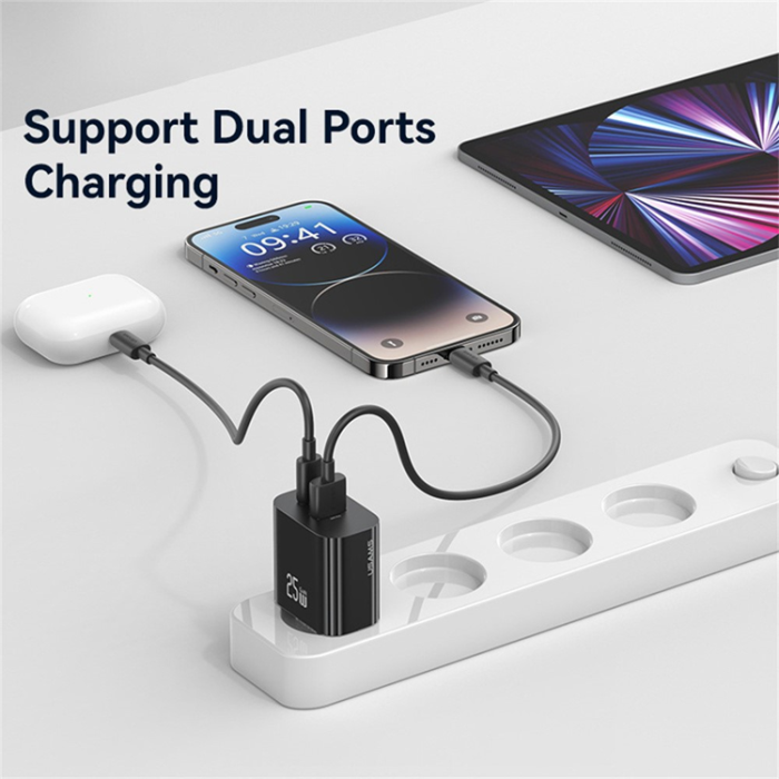 USAMS - USAMS GaN Snabbladdare USB-C - USB-A 25W CC315 T65 EU - Vit