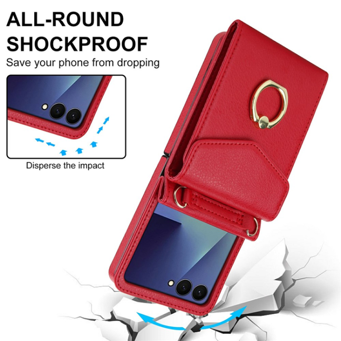 A-One Brand - Galaxy Z Flip7 Plånboksfodral Litchi med Axelrem - Röd