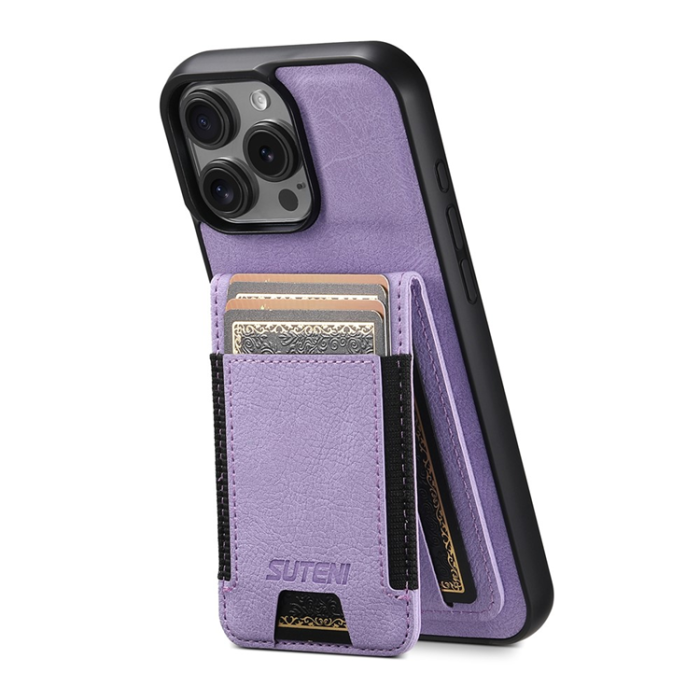 SUTENI - SUTENI iPhone 16 Pro Mobilskal Korthållare Litchi Läder - Lila