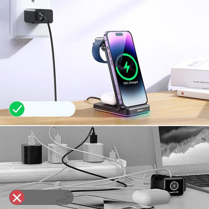 Joyroom - Joyroom 3in1 Laddningsställ för Telefon, Smartwatch, TWS hörlurar - Svart