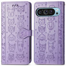 A-One Brand - Google Pixel 10/10 Pro Plånboksfodral Cat Dog Pattern - Ljuslila