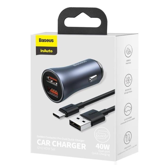 BASEUS - Baseus Snabb Billaddare 2x USB 40 W USB-C Kabel - Grå