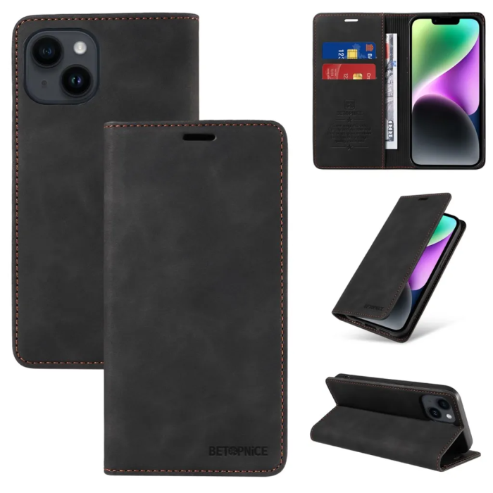 BETOPNICE - BETOPNICE iPhone 15 Plus Plånboksfodral Mjukt - Svart