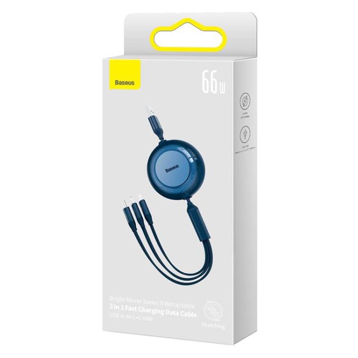 UTGATT1 - Baseus Retractable 3in1 microUSB/Lightning/Typ-C 66W 1.1m - Blå