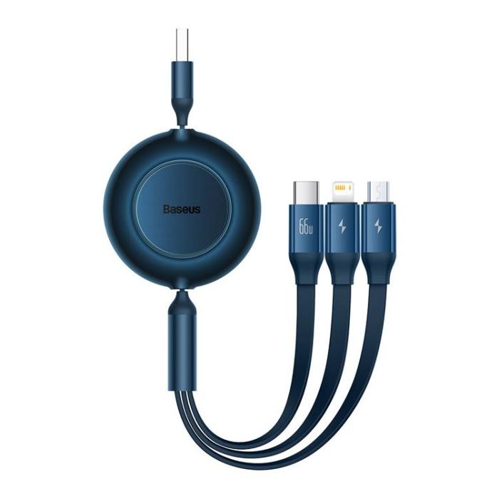 UTGATT1 - Baseus Retractable 3in1 microUSB/Lightning/Typ-C 66W 1.1m - Blå