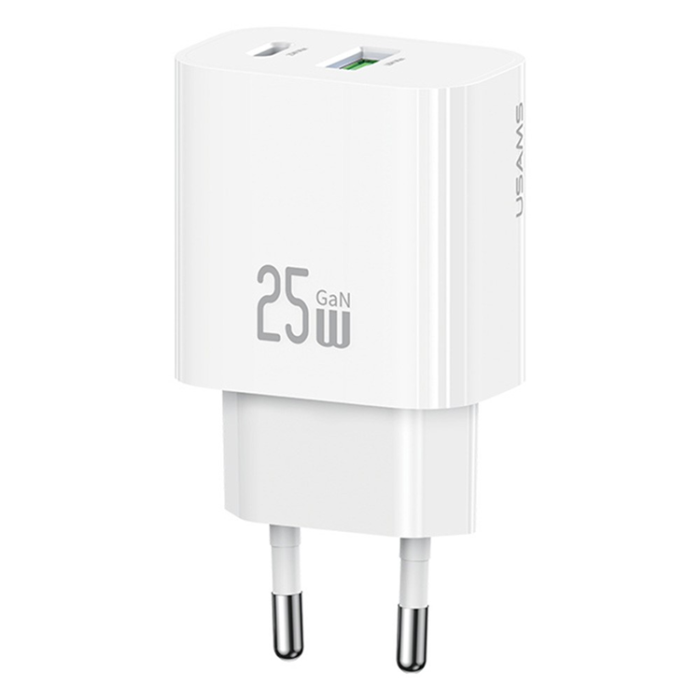 USAMS - USAMS GaN Snabbladdare USB-C - USB-A 25W CC315 T65 EU - Vit