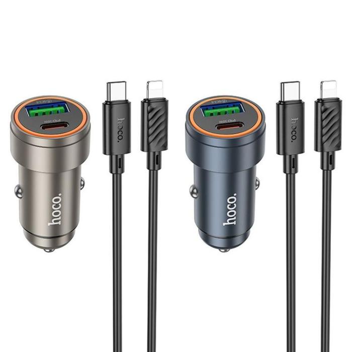 Hoco - Hoco Billaddare 30W USB-C USB-A med Lightning Kabel Z57A - Svart