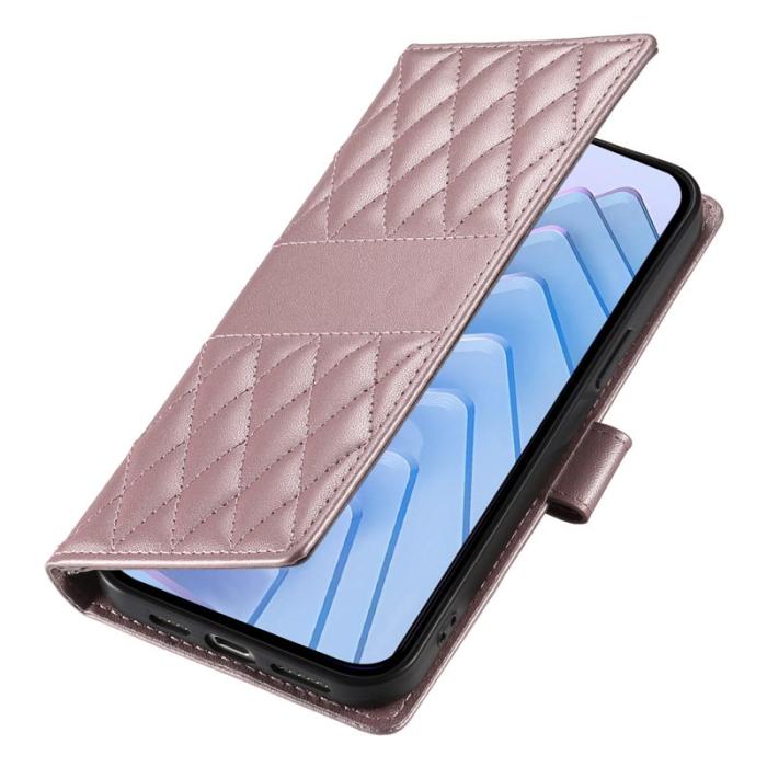 OEM - Samsung Galaxy S26 Fodral Rhombus Stitching Ställ Läder - Roséguld