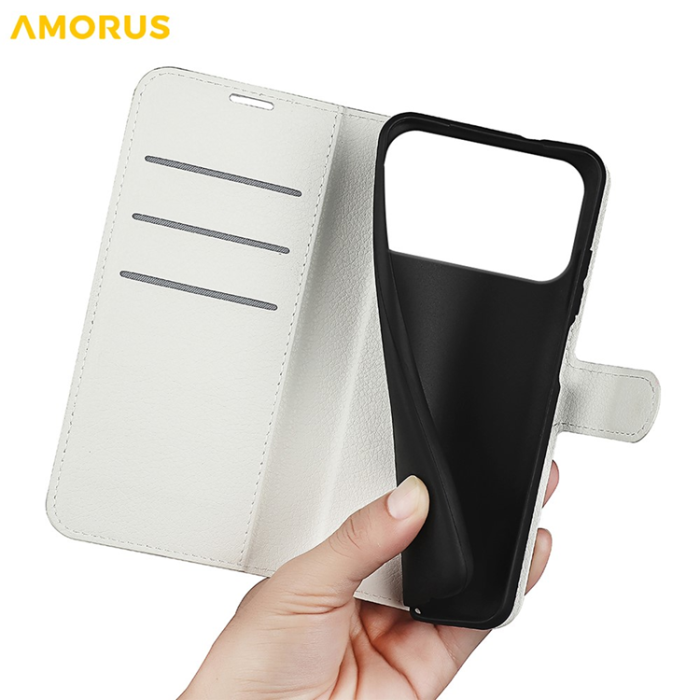 Amorus - AMORUS iPhone 17 Pro Plånboksfodral Flipstativ Litchi - Vit