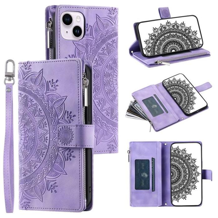 A-One Brand - iPhone 15 Plus Plånboksfodral Mandala Flower Imprinted - Lila