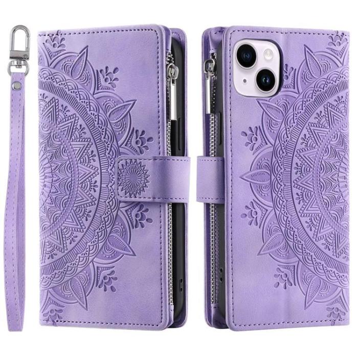 A-One Brand - iPhone 15 Plus Plånboksfodral Mandala Flower Imprinted - Lila
