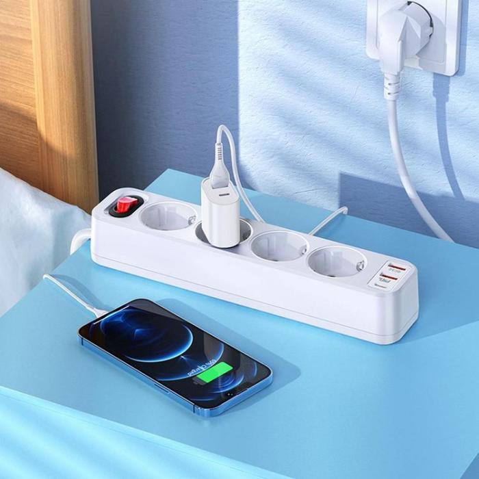 Hoco - Hoco Grenuttag Förlängningskabel 2xUSB-A 1xUSB-C PD QC3.0 3A 20W - Vit
