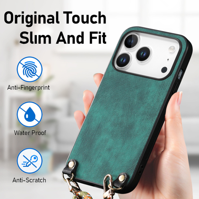 A-One Brand - iPhone 17 Pro Mobilskal med Justerbar Rem Retro Läder - Grön