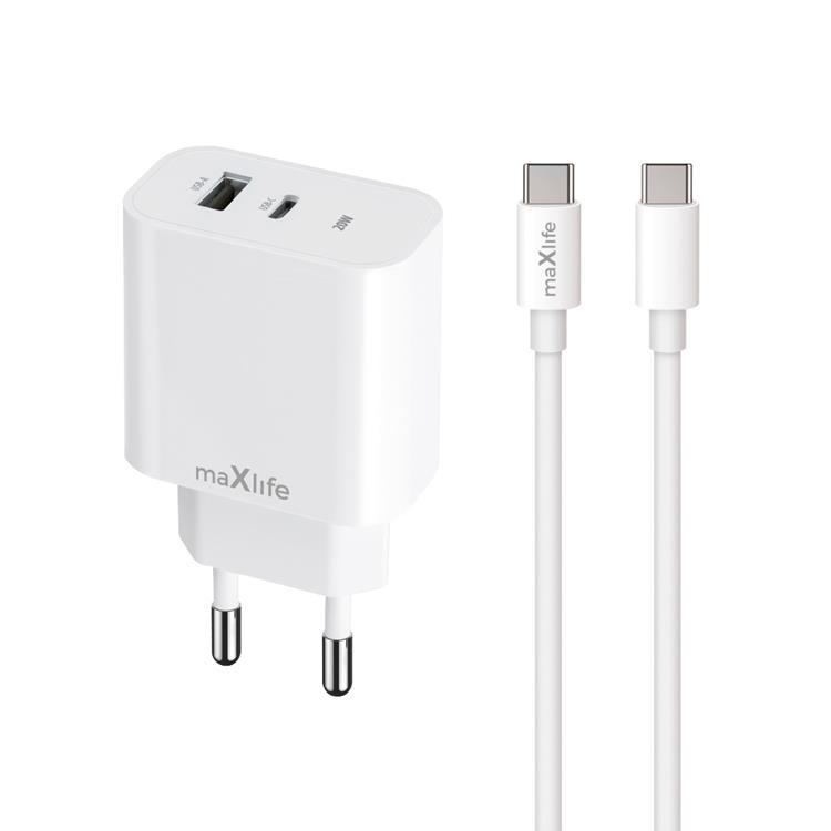 Maxlife Väggladdare USB/USB-C 20W med USB-C/USB-C Kabel QC PD | 505295 | AlltMobil