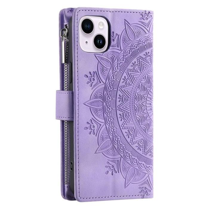 A-One Brand - iPhone 15 Plus Plånboksfodral Mandala Flower Imprinted - Lila